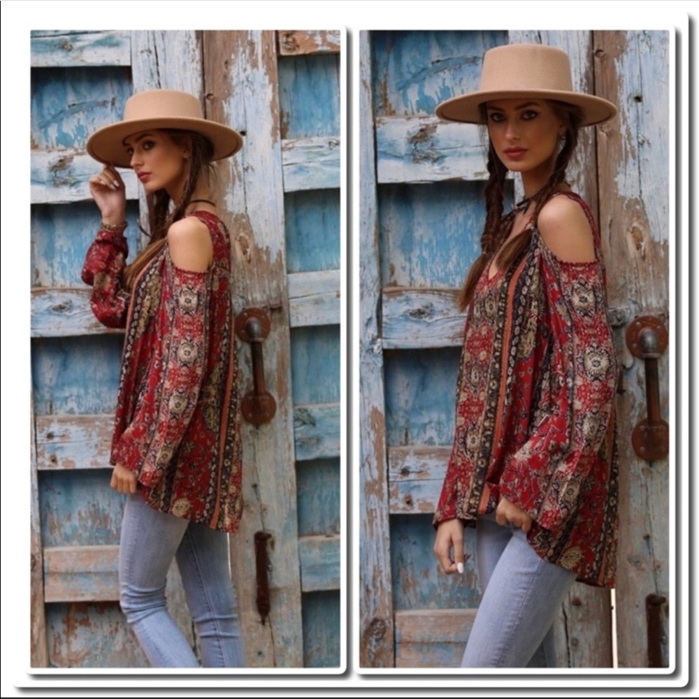 Angie Cold Shoulder Top in Tribal Print - Picture 2 of 4